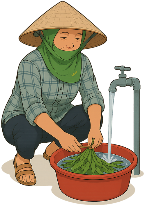 Bà cụ, rửa rau, phụ nữ, rau, nón lá, vòi nước, old woman, washing vegetables, woman, vegetables, conical hat, water tap