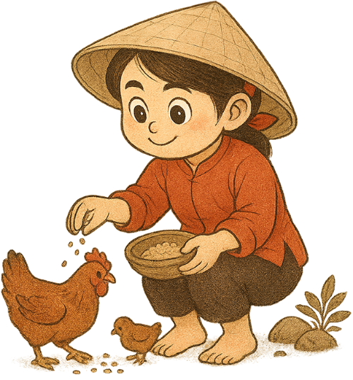 Cô gái, cho ăn, phụ nữ, gà, gà con, nón lá, dễ thương, girl, feeding, woman, chicken, chick, conical hat, cute