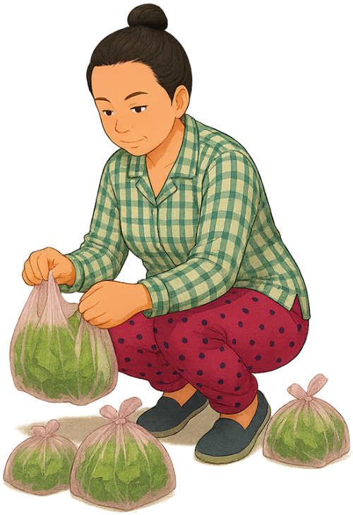 Bà cô, gói rau, phụ nữ, rau, túi rau, aunt, wrapping vegetables, woman, vegetables, bag of vegetables