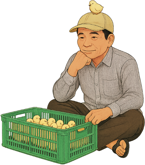 Ông chú, bán gà, đàn ông, gà con, nón lưỡi trai, giỏ nhựa, uncle, selling chickens, man, chicks, baseball cap, plastic basket 2