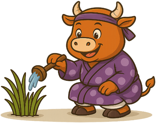 Con bò, tưới cây, áo dài, cỏ, gáo múc nước, dễ thương, vui vẻ, cow, watering plants, ao dai, grass, water scoop, cute, cheerful