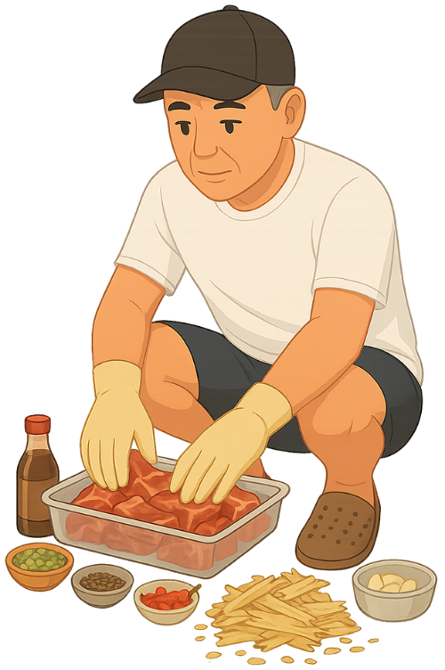 Ông cụ, ướp thịt, đàn ông, gia vị, thịt, khay, gia vị, old man, marinating meat, man, seasoning, meat, tray, spice