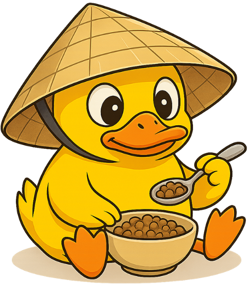 Vịt, ăn cám, nón lá, chén, thìa, dễ thương, duck, eating feed, conical hat, bowl, spoon, cute 2