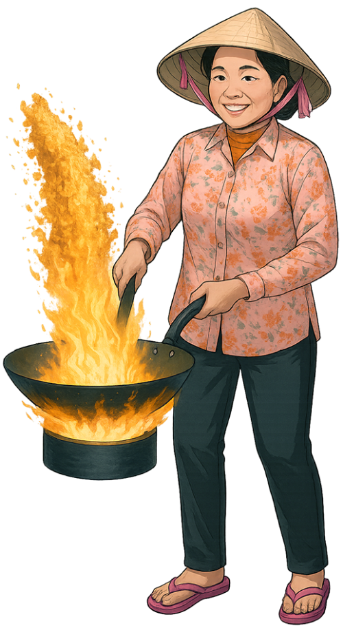 Bà cô, chiên cơm, phụ nữ, cơm chiên, chảo, chảo chống dính, bếp lửa, nón lá, aunt, frying rice, woman, fried rice, pan, non-stick pan, stove fire, conical hat 4