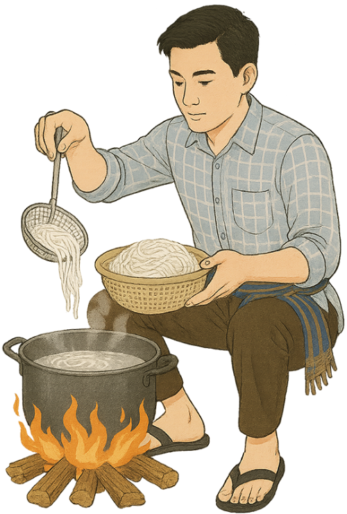 Chàng trai, vớt bún, đàn ông, bún, rổ, rổ nhựa, rây, nồi, nước sôi, young man, scooping rice noodles, man, rice noodles, basket, plastic basket, sieve, pot, boiling water