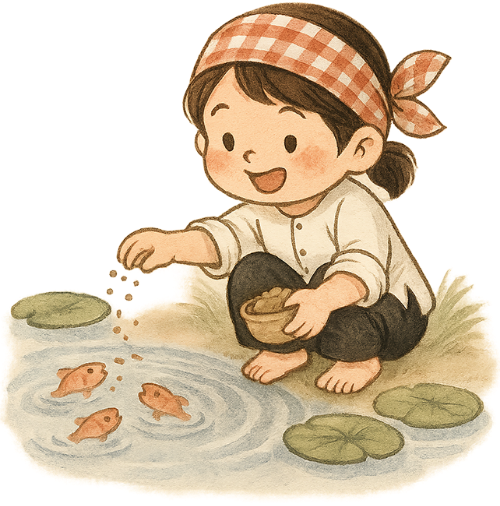 Cô gái, cho cá ăn, phụ nữ, cám, lá sen, dễ thương, girl, feeding fish, woman, fish food, lotus leaf, cute