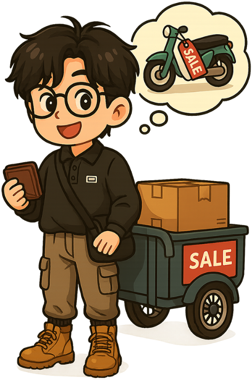 Chàng trai, mua sắm, đàn ông, xe máy, xe đẩy, thùng hàng, ví tiền, young man, shopping, man, motorbike, shopping cart, package, wallet
