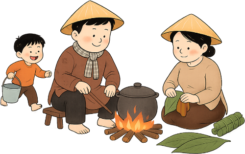 Gia đình, nấu bánh, cha, mẹ, con trai, bánh chưng, bánh tét, nguyên liệu, lá dong, nồi, bếp lửa,nón lá, family, cooking cake, father, mother, son, bánh chưng (square sticky rice cake), bánh tét (cylindrical sticky rice cake), ingredients, lá dong (phrynium placentarium leaves), pot, fire stove, conical hat