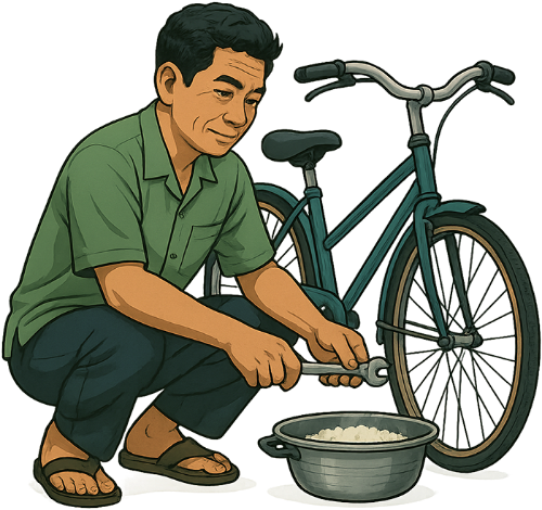 Ông chú, sửa xe, đàn ông, thợ sửa xe, xe đạp, nồi, vít, uncle, repairing bicycle, man, mechanic, bicycle, pot, screw 1