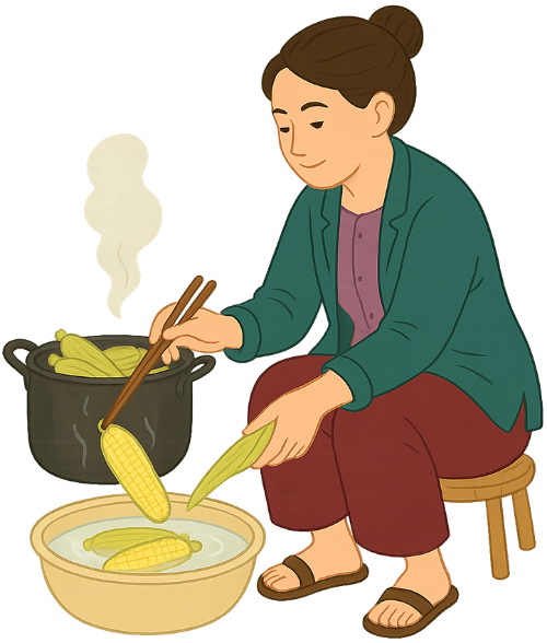 Cô gái, luộc ngô, phụ nữ, nồi, ngô luộc, thau nước, ghế, girl, boiling corn, woman, pot, boiled corn, water basin, chair