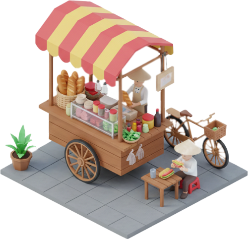 Mô hình, bánh mì, xe bánh mì, ẩm thực đường phố, nón lá, ổ bánh mì, xe đạp, vỉa hè, việt nam, model, banh mi, banh mi cart, street food, conical hat, baguette, bicycle, sidewalk, vietnam