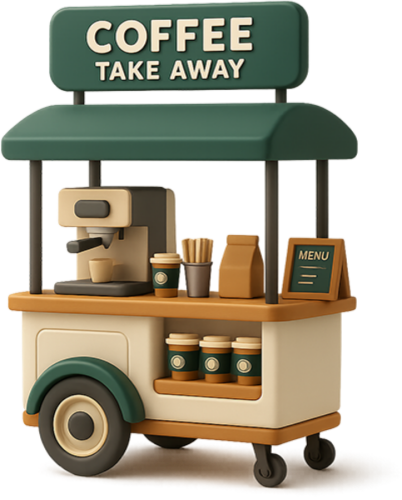 Xe đẩy cà phê, xe đẩy, cà phê mang đi, take away, coffee, 3D