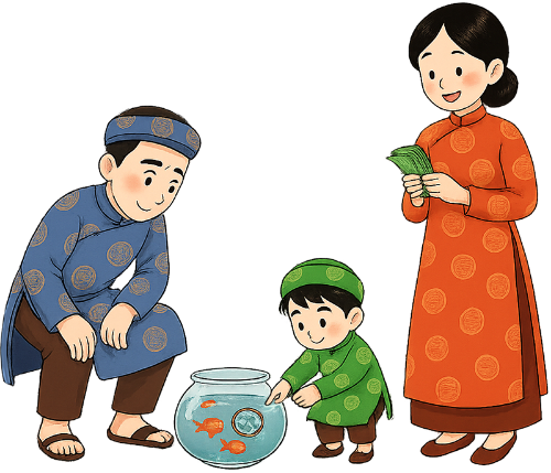 Gia đình, đi dạo, cha, mẹ, con trai, áo dài, vui vẻ, cành đào, cá cảnh, chậu cá, family, walking, father, mother, son, ao dai, cheerful, peach branch, ornamental fish, fish tank