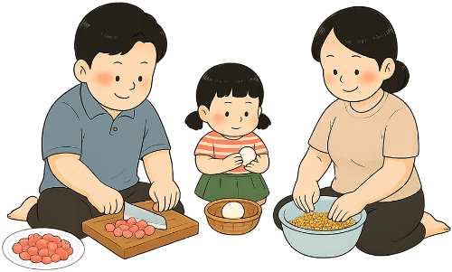 Gia đình, nấu ăn, cha, mẹ, con gái, vui vẻ, thịt, trứng, nguyên liệu nấu ăn, thau, thớt, dao, family, cooking, father, mother, daughter, cheerful, meat, eggs, cooking ingredients, basin, cutting board, knife