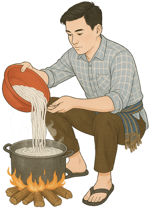 Chàng trai, luộc bún, đàn ông, bún, thau, thau nhựa, nồi, nước sôi, young man, boiling rice noodles, man, rice noodles, basin, plastic basin, pot, boiling water