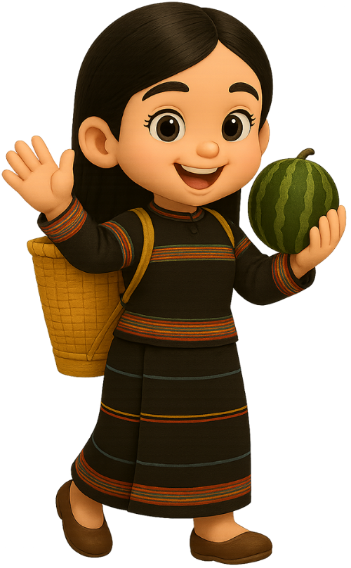 Cô gái, vẫy tay chào, phụ nữ, vui vẻ, giỏ tre, dưa hấu, girl, waving goodbye, woman, cheerful, bamboo basket, watermelon