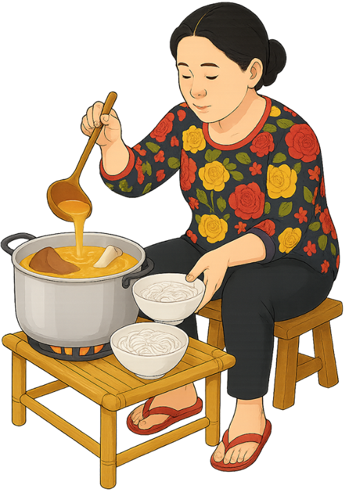 Bà cô, nấu nước lèo, phụ nữ, nồi, bàn, ghế, bát, bún, aunt, cooking broth, woman, pot, table, chair, bowl, rice noodles
