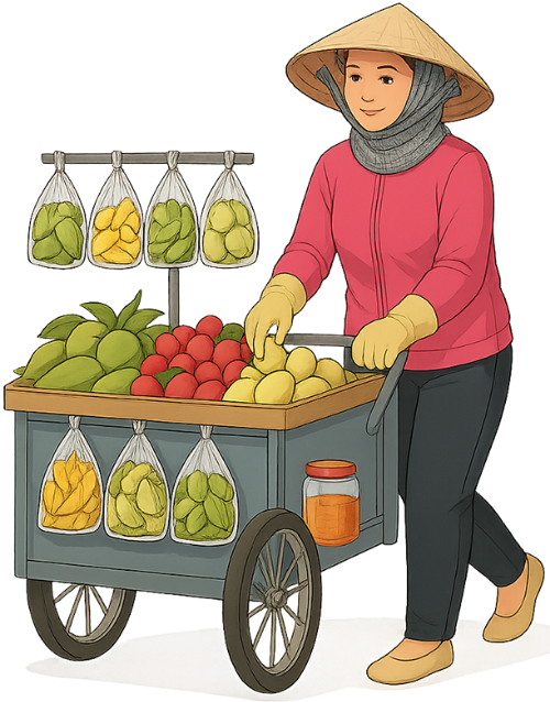 Cô gái, đẩy xe, phụ nữ, khẩu trang, nón lá, bịch trái cây, muối tôm, girl, pushing cart, woman, face mask, conical hat, fruit bag, chili salt with shrimp