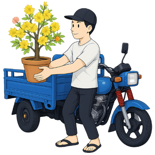 Chàng trai, bê cây, đàn ông, xe ba gác, cây hoa, chậu cây, màu xanh dương, màu vàng, nón lưỡi trai, dép lê, phông nền tối, boy, carrying plant, man, three-wheeled motorbike, flower tree, potted plant, blue, yellow, baseball cap, flip flops, dark background