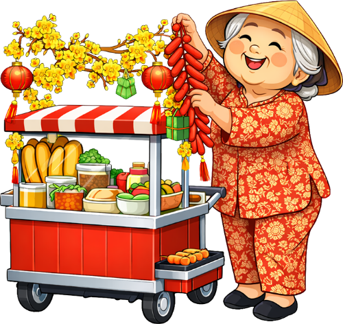 Bà cụ, treo dây pháo, phụ nữ, tết nguyên đán, hoa mai, lồng đèn, xe hàng rong, bánh mì, nón lá, áo bà ba, cười, trang trí, old woman, hanging firecrackers, woman, lunar new year, apricot blossom, lantern, street food cart, banh mi, conical hat, baba shirt, smiling, decoration