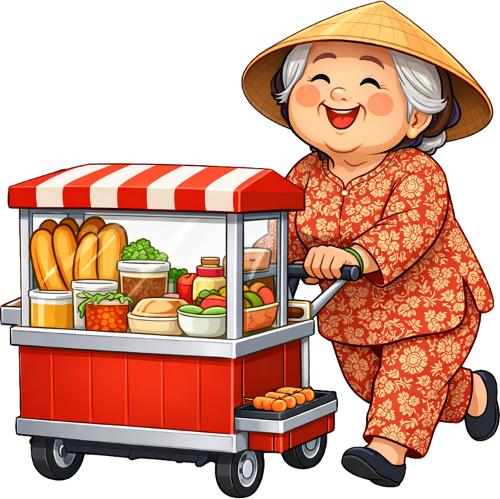 Bà cụ, đẩy xe bánh mì, phụ nữ, nón lá, áo bà ba, cười, bánh mì, xe hàng rong, ẩm thực đường phố, nền trắng, old woman, pushing bread cart, woman, conical hat, baba shirt, smiling, banh mi, street food cart, street food, white background