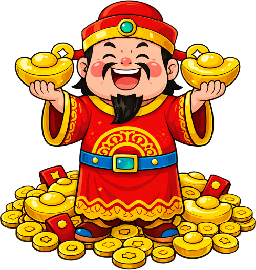 Thần tài, hớn hở, đàn ông, thỏi vàng, đồng xu vàng, bao lì xì, trang phục đỏ, thắt lưng xanh, god of fortune, excited, man, gold ingot, gold coin, red envelope, red costume, blue belt
