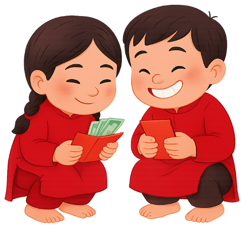 Cô bé và cậu bé, xem tiền lì xì, áo dài, tết, em bé, bao lì xì, tiền, cười, màu đỏ, girl and boy, looking at lucky money, ao dai, tet, baby, red envelope, money, smiling, red