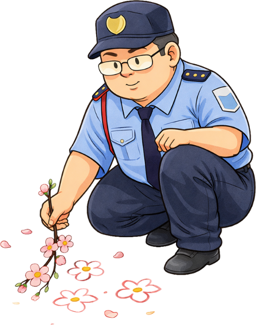 Chàng trai, ngồi nhặt hoa, đàn ông, bảo vệ, đồng phục, cành đào, cánh hoa rơi, tết, đeo kính, boy, crouching picking flowers, man, security guard, uniform, peach blossom, falling petals, lunar new year, glasses