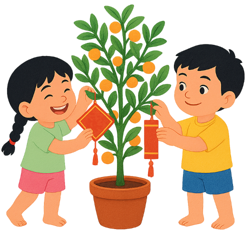 Cô bé và cậu bé, trang trí cây quất, tết, em bé, cây quất, trang trí, cười, màu xanh lá, màu vàng, girl and boy, decorating kumquat tree, tet, baby, kumquat tree, decoration, smiling, green, yellow
