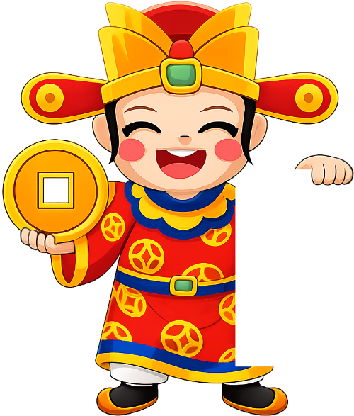 Thần tài nhí, em bé, cầm đồng tiền vàng, đàn ông, thần tài, mỉm cười, trang phục truyền thống, tết, màu đỏ, khung trắng, junior god of wealth, baby, holding gold coin, man, god of wealth, smiling, traditional costume, lunar new year, red, blank frame
