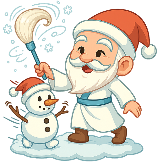 Ông bụt, vui vẻ, cổ tích, giáng sinh, mũ giáng sinh, phất trần, người tuyết, tuyết, the good spirit, happy, fairy tale, christmas, santa hat, fly-whisk, snowman, snow