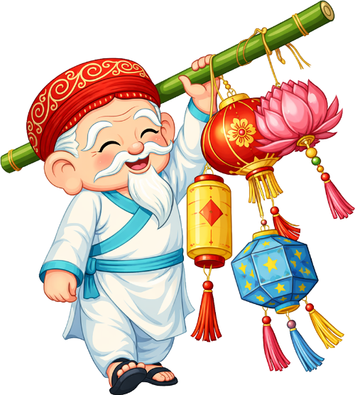 Ông bụt, gánh đèn lồng, cổ tích, đèn lồng hoa sen, đèn ngôi sao, tre, lễ hội, rực rỡ, vui vẻ, tết trung thu, Buddha, carrying lanterns, fairy tale, lotus lantern, star lantern, bamboo, festival, colorful, happy, mid autumn festival