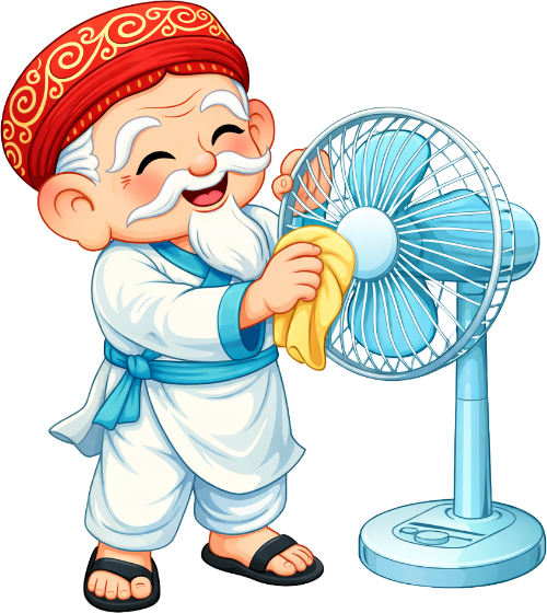 Ông bụt, lau chùi, cổ tích, quạt điện, dọn dẹp, khăn vàng, râu trắng, đồ gia dụng, chuẩn bị tết, old fairy, cleaning, fairy tale, electric fan, tidying up, yellow cloth, white beard, household appliances, tet preparation