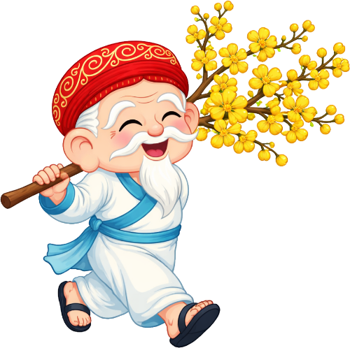 Ông bụt, đi bộ, cổ tích, hoa mai, tết nguyên đán, mùa xuân, gậy gỗ, râu trắng, nụ cười, truyền thống, old fairy, walking, fairy tale, ochna integerrima, lunar new year, spring, wooden stick, white beard, smile, traditional