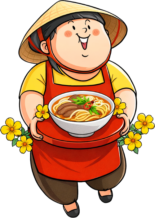 Bà cô, bưng khay, phụ nữ, nón lá, tạp dề đỏ, bát phở, hoa mai vàng, di chuyển, ẩm thực Việt Nam, middle-aged woman, carrying tray, woman, conical hat, red apron, bowl of pho, yellow apricot blossom, moving, Vietnamese cuisine