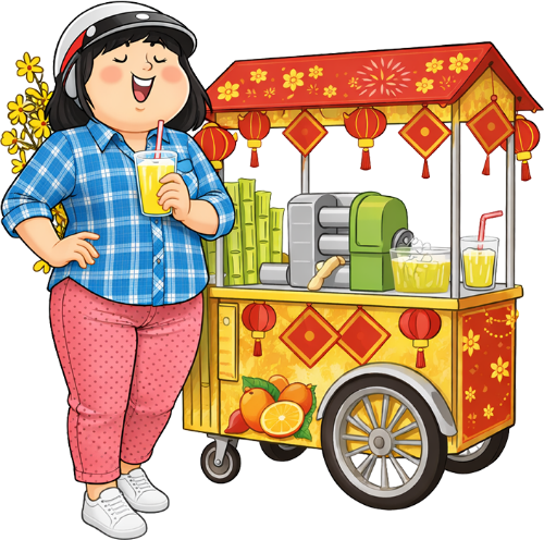 Cô gái, vui vẻ, phụ nữ, mũ bảo hiểm, cầm ly nước, xe nước mía, tết, hoa mai, áo sơ mi kẻ, lồng đèn, máy ép nước mía, girl, happy, woman, helmet, holding a glass, sugarcane juice cart, lunar new year, apricot blossom, plaid shirt, lantern, sugarcane press 7