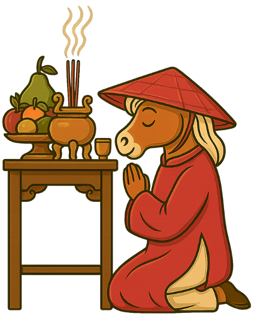 Ngựa, cúng lễ, bàn thờ, hoa quả, nhang, tết, nón lá, áo dài, horse, praying, altar, fruits, incense, tet, conical hat, ao dai