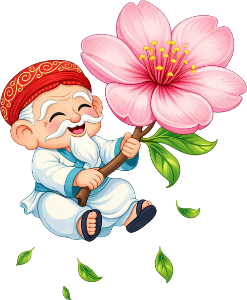 Ông bụt, ôm cành hoa, cổ tích, hoa đào, hoa hồng, mùa xuân, lá rụng, tươi vui, god of wealth, holding flower branch, fairy tale, cherry blossom, pink flower, spring, falling leaves, joyful