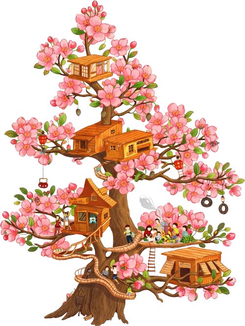 Cây hoa đào, sinh hoạt, cổ tích, nhà trên cây, em bé, nấu ăn, vui chơi, lễ hội, hoa đào, peach blossom tree, activities, fairy tale, treehouse, baby, cooking, playing, festival, pink flower