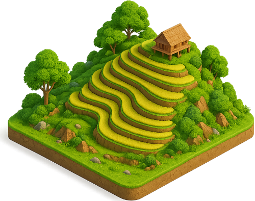 Mô hình, ruộng bậc thang, lúa chín, nhà gỗ, nhà sàn, cây cối, đồi núi, đá, model, rice terraces, ripe rice, wooden house, stilt house, trees, hills, rocks