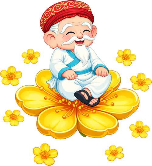 Ông bụt, ngồi thiền, cổ tích, hoa mai, hoa vàng, thanh thản, mùa xuân, trang nghiêm, god of wealth, meditating, fairy tale, apricot blossom, yellow flower, serene, spring, solemn