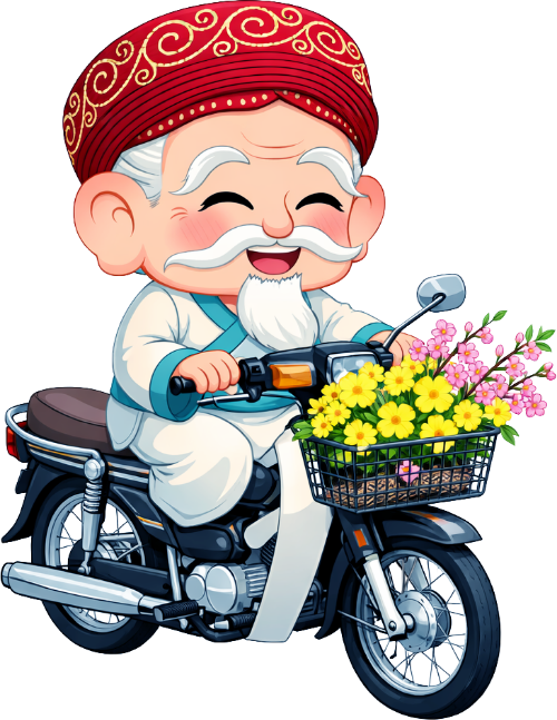 Ông bụt, lái xe máy, cổ tích, giỏ hoa cúc vàng, hoa đào, xe cub, tết nguyên đán, đi sắm tết, vui vẻ, fairy godfather, riding motorcycle, fairy tale, yellow daisy basket, cherry blossoms, cub motorbike, lunar new year, tet shopping, joyful