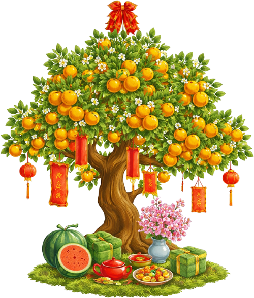 Cây quất, tết nguyên đán, chậu cây, quả chín, lá xanh, bao lì xì, đèn lồng, trang trí, may mắn, ấm trà, bánh mứt, kumquat tree, lunar new year, flower pot, ripe fruit, green leaves, red envelope, lantern, decoration, lucky, teapot, jam snacks 2