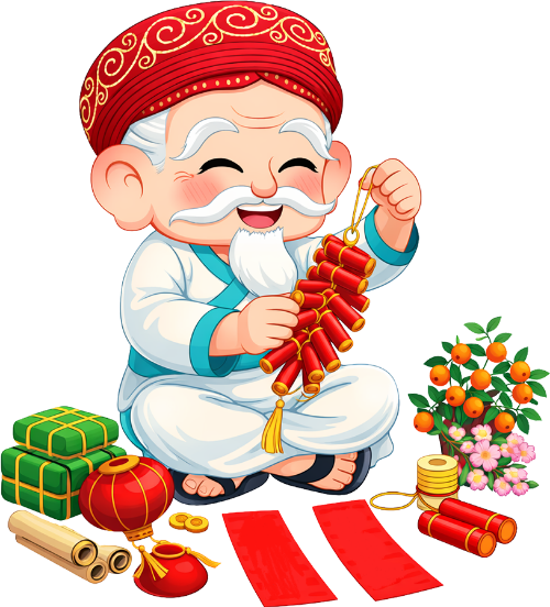 Ông bụt, chuẩn bị pháo dây, cổ tích, bánh chưng, đèn lồng, bao lì xì, hoa mai, tiền vàng, tết nguyên đán, ngồi bệt, Buddha, preparing firecrackers, fairy tale, chung cake, lantern, lucky money, apricot blossom, gold coins, lunar new year, sitting