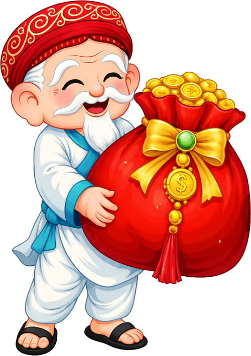 Ông bụt, ôm túi tiền, cổ tích, túi tiền đỏ, thắt nơ vàng, tiền vàng, may mắn, hạnh phúc, god of wealth, hugging money bag, fairy tale, red money bag, gold bow, gold coins, lucky, happy