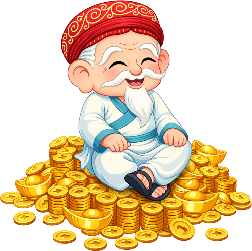 Ông bụt, ngồi trên đống tiền, cổ tích, tiền vàng, thỏi vàng, giàu có, tài lộc, tết nguyên đán, thịnh vượng, cười, Buddha, sitting on money pile, fairy tale, gold coins, gold ingots, wealthy, fortune, lunar new year, prosperity, laughing