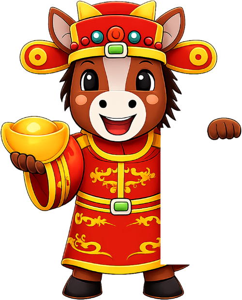 Chú ngựa thần tài, con ngựa, cầm thỏi vàng, mỉm cười, thần tài, trang phục truyền thống, tết, màu đỏ, khung trắng, god of wealth horse, horse, holding gold ingot, smiling, god of wealth, traditional costume, lunar new year, red, blank frame