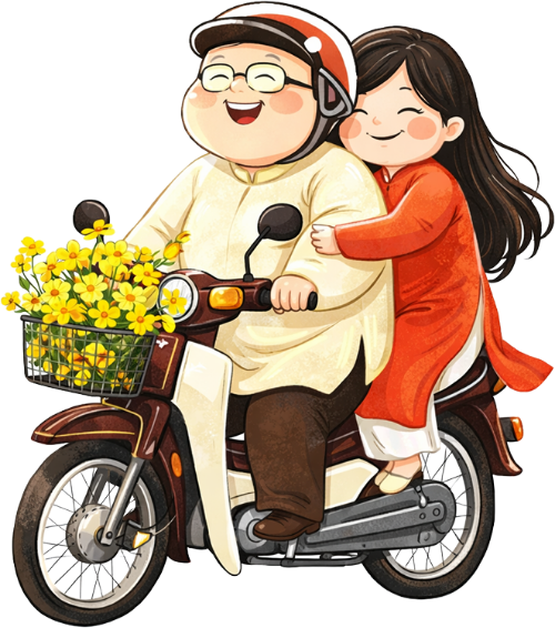 Chàng trai và cô gái, lái xe máy, đàn ông và phụ nữ, áo dài, tết, hoa mai, nón bảo hiểm, hạnh phúc, chở nhau, xe cub, couple riding motorbike, driving, man and woman, ao dai, lunar new year, apricot blossom, helmet, happy, riding together, motorbike