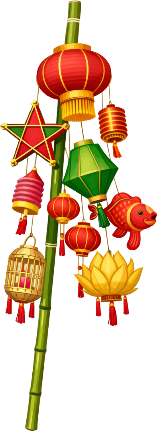Cây nêu, lồng đèn, lồng đèn ngôi sao, cá chép, lồng chim, hoa sen, tre, tết nguyên đán, đỏ, vàng, xanh lá, bamboo pole, lantern, star lantern, carp, birdcage, lotus, bamboo, lunar new year, red, yellow, green