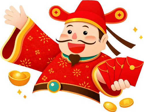 Thần tài, vẫy tay chào, đàn ông, bao lì xì, tiền vàng, thỏi vàng, tết, tài lộc, vui vẻ, God of wealth, waving hand, man, red envelopes, gold coins, gold ingot, lunar new year, fortune, happy